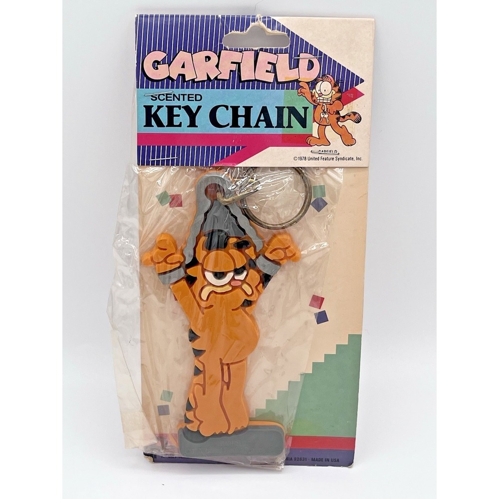 Vintage Garfield Keychain Flat Rubber Plastic Key Ring Backpack Purse Charm